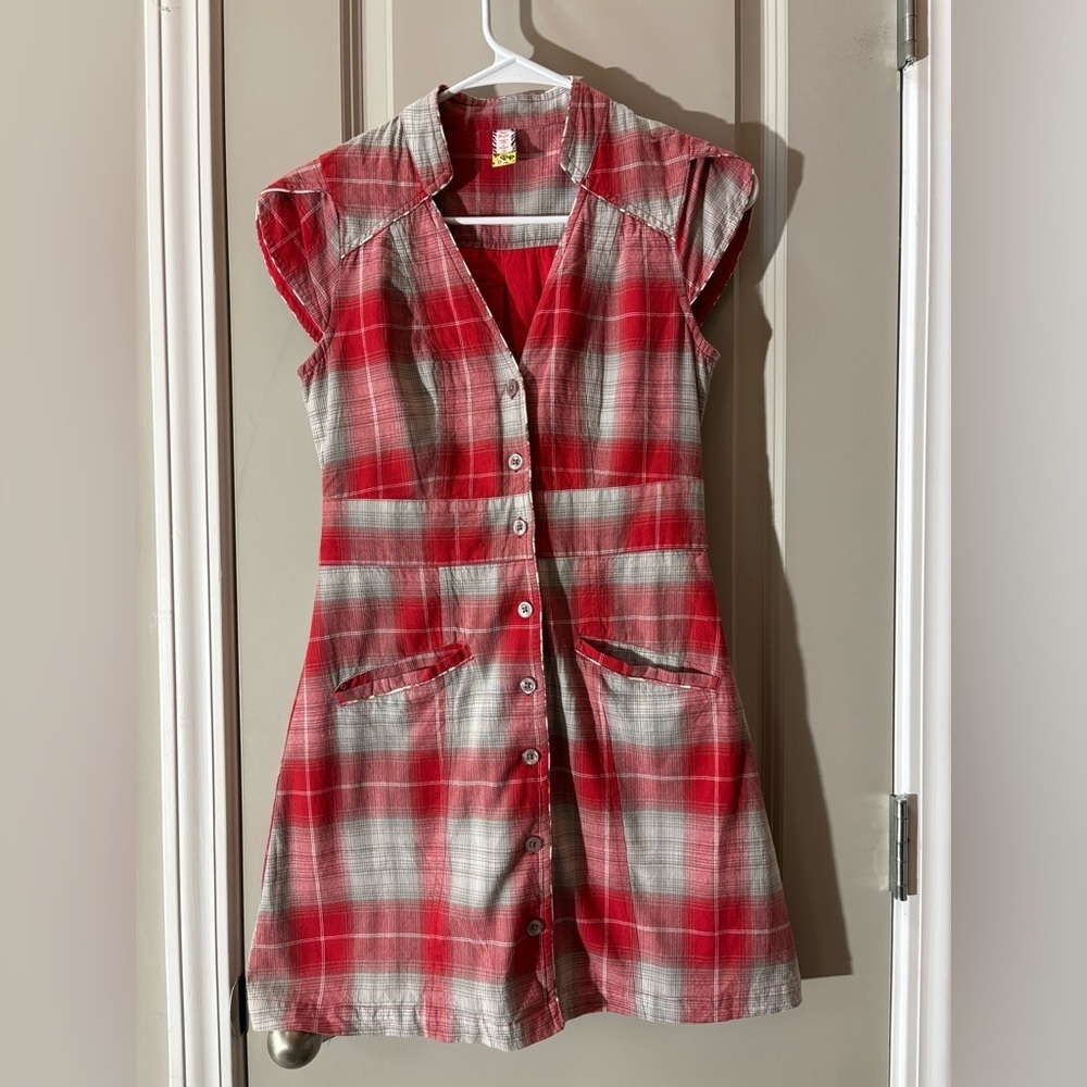 Vintage Free People Red and Gray Plaid Mini Dress